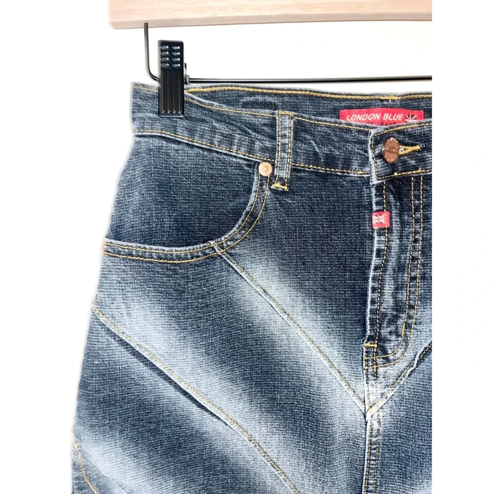 London Blue Vigoss Jeans Denim Skirt Dark Wash Paneled Chevron Y2K Cyber Grunge‎